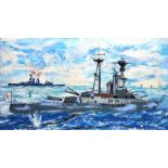 Gerald G. Beattie - BATTLE OF JUTLAND - Oil on Canvas - 23.5 x 44 inches - Signed