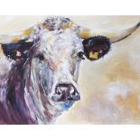 Eileen McKeown - LONG HORNED COW II - Acrylic on Canvas - 28 x 36 inches - Signed in Monogram