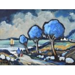 Patrick Murphy - FIGURES BY THE BLUE TREES - Oil on Board - 12 x 16 inches - Signed