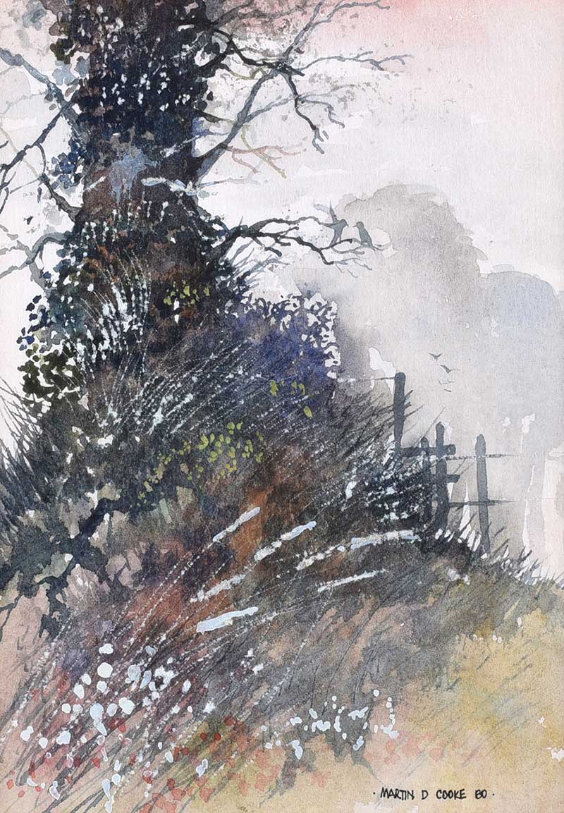 Martin D. Cooke - TREE & WILD BUSHES - Watercolour Drawing - 6 x 4.5 inches - Signed