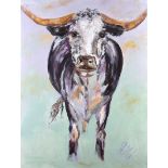 Eileen McKeown - LONG HORNED COW - Acrylic on Canvas - 40 x 30 inches - Signed in Monogram