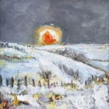 David Lennon - SNOW & SUNRISE, COMBER, COUNTY DOWN - Oil on Board - 8 x 8 inches - Signed in