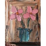 Colin Flack - CERISE FLOWERS IN A VASE - Oil on Board - 9 x 7.5 inches - Signed