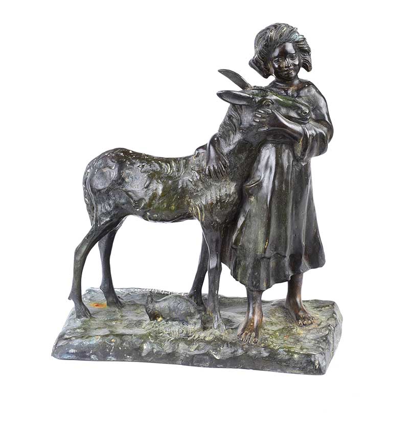 After Giovanni De Martino - GIRL WITH A DONKEY - Cast Bronze Sculpture - 11 x 9.5 inches - Signed