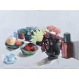 Hilary Bryson - STILL LIFE, BLACK JUG, BLUE BOWLS, CUP & SAUCER - Oil on Canvas - 18 x 24 inches -