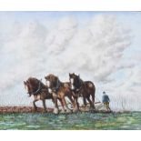 William Liddell - THREE HORSES PLOUGHING - Watercolour Drawing - 10 x 12 inches - Signed