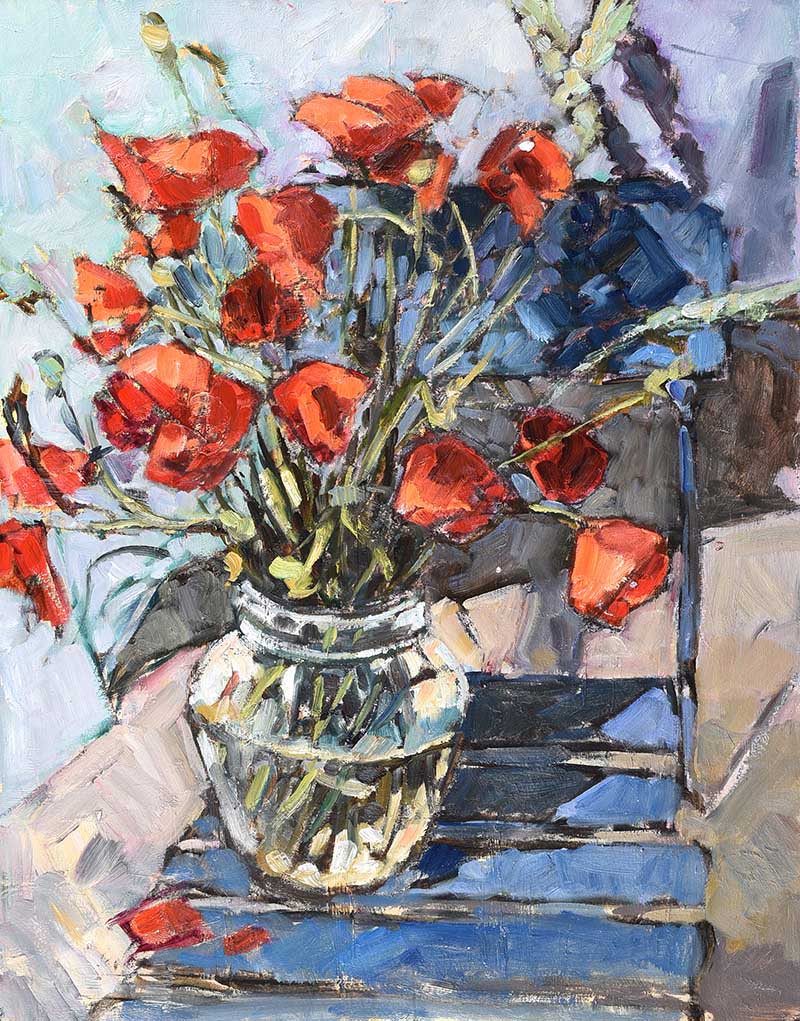 Rodger Collin - STILL LIFE, POPPIES - Oil on Paper - 25.5 x 19.5 inches - Signed Verso