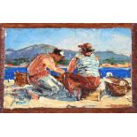 Marjorie Henry, RUA - FIGURES BY THE SHORE - Oil on Board - 2 x 3 inches - Signed
