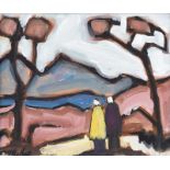 Markey Robinson - COUPLE BY THE TREES - Gouache on Board - 10 x 12 inches - Signed