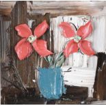 Colin Flack - RED FLOWERS IN A VASE - Oil on Glass - 5.5 x 5.5 inches - Signed