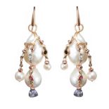 18CT ROSE GOLD PEARL, DIAMOND, RUBY, PERIDOT AND AMETHYST EARRINGS