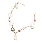 18CT GOLD ROSE QUARTZ, PERIDOT AND PEARL BRACELET