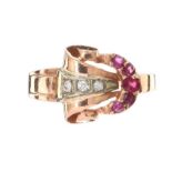 FRENCH 14CT ROSE GOLD RUBY AND DIAMOND RING