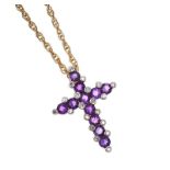 18CT GOLD AMETHYST AND DIAMOND CROSS NECKLACE