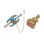 VICTORIAN TURQUOISE AND SEED PEARL BROOCH AND SEAL