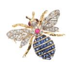 18CT GOLD DIAMOND, SAPPHIRE AND RUBY BEE BROOCH