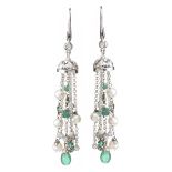 18CT WHITE GOLD EMERALD, PEARL AND DIAMOND EARRINGS