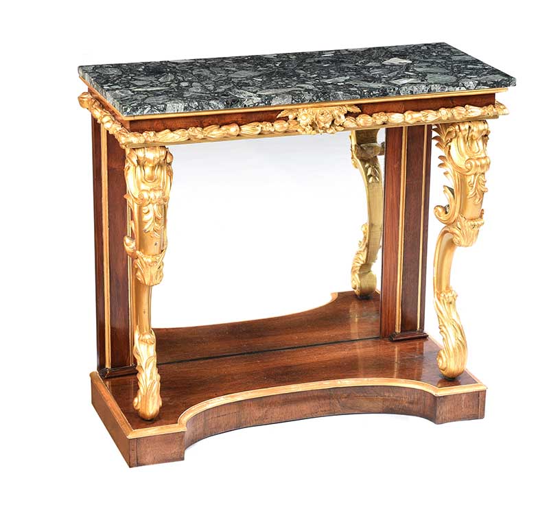 REGENCY ROSEWOOD MARBLE TOP CONSOLE TABLE