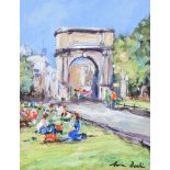 Marie Devlin - FUSILIERS ARCH GATE, ST. STEPHEN'S GREEN, DUBLIN - Oil on Board - 10 x 8 inches -