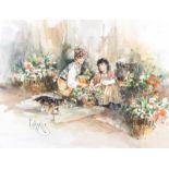 Gordon King - THE FLOWER SELLERS - Watercolour Drawing - 21 x 28 inches - Signed