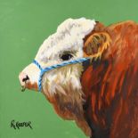 Ronald Keefer - BULL ON GREEN - Oil on Board - 24 x 24 inches - Signed