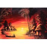 Mukosa - VILLAGE SUNSET - Oil on Board - 25 x 38 inches - Signed