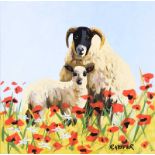 Ronald Keefer - SHEEP AMONG THE POPPIES - Oil on Board - 24 x 24 inches - Signed