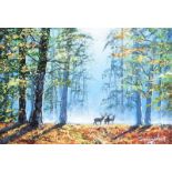 Andy Saunders - FOREST MIST & STAGS - Oil on Board - 5 x 7 inches - Signed