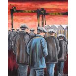 John Stewart - HARLAND & WOLFF, THE NIGHT SHIFT - Oil on Canvas - 20 x 16 inches - Signed