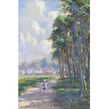 James Humbert Craig, RHA, RUA - CHILDREN ON THE PATH BY THE TREES - Oil on Board - 14 x 9 inches -