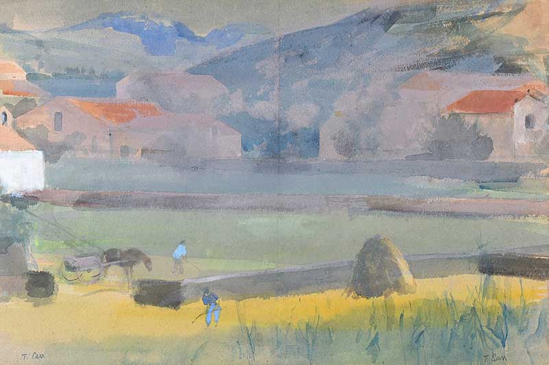 Tom Carr, HRHA RUA RWS - REAPING IN SANTONIA - Watercolour Drawing - 14 x 22 inches - Signed