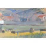 Tom Carr, HRHA RUA RWS - REAPING IN SANTONIA - Watercolour Drawing - 14 x 22 inches - Signed