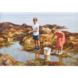 Donal McNaughton - FISHING THE ROCK POOLS - Oil on Board - 14 x 20 inches - Signed