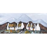 Irish School - IRISH COTTAGES AT THE FOOT OF THE MOUNTAINS - Oil on Board - 10 x 22 inches - Signed