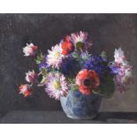 Hans Iten, RUA - STILL LIFE, CHINESE VASE WITH FLOWERS - Oil on Canvas - 13 x 16 inches - Signed