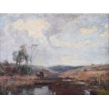 William Gibbs Mackenzie, ARHA - DONKEY & TURF CART BY THE RIVER - Oil on Canvas - 14 x 20 inches -