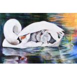 Siobhan O'Malley - SWAN & HER CYGNETS - Oil on Canvas - 23.5 x 35 inches - Signed