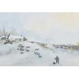 Tom Kerr - TENDING SHEEP IN THE WINTER - Acrylic on Board - 14 x 20 inches - Signed