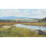 Wilfred Haughton, RUA - CATTLE GRAZING BY A RIVER - Oil on Canvas - 10 x 16 inches - Signed