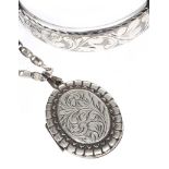 STERLING SILVER ENGRAVED BANGLE AND LOCKET AND CHAIN