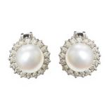 18CT GOLD CULTURED PEARL AND DIAMOND EARRINGS