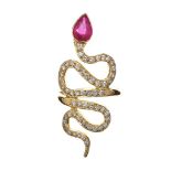 18CT GOLD SERPENT RING SET WITH DIAMOND AND RUBY