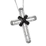 18CT WHITE GOLD DIAMOND AND BLACK DIAMOND CROSS NECKLACE