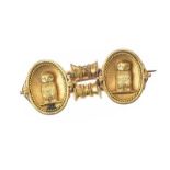 GOLD BAR BROOCH SET WITH OWLS