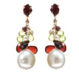 18CT ROSE GOLD DROP EARRINGS SET WITH GARNET, PERIDOT AND PEARL