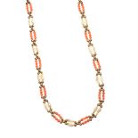 9CT GOLD NECKLACE SET WITH FRESHWATER PEARLS AND CORAL