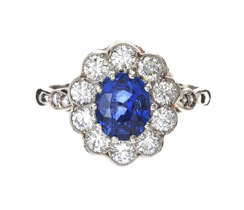 PLATINUM SAPPHIRE AND DIAMOND CLUSTER RING