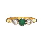 18CT GOLD EMERALD AND DIAMOND THREE STONE RING