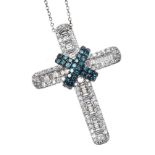 18CT WHITE GOLD DIAMOND AND BLUE DIAMOND CROSS NECKLACE