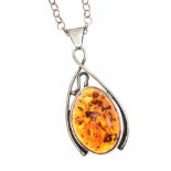 LARGE STERLING SILVER AMBER PENDANT ON STERLING SILVER CHAIN